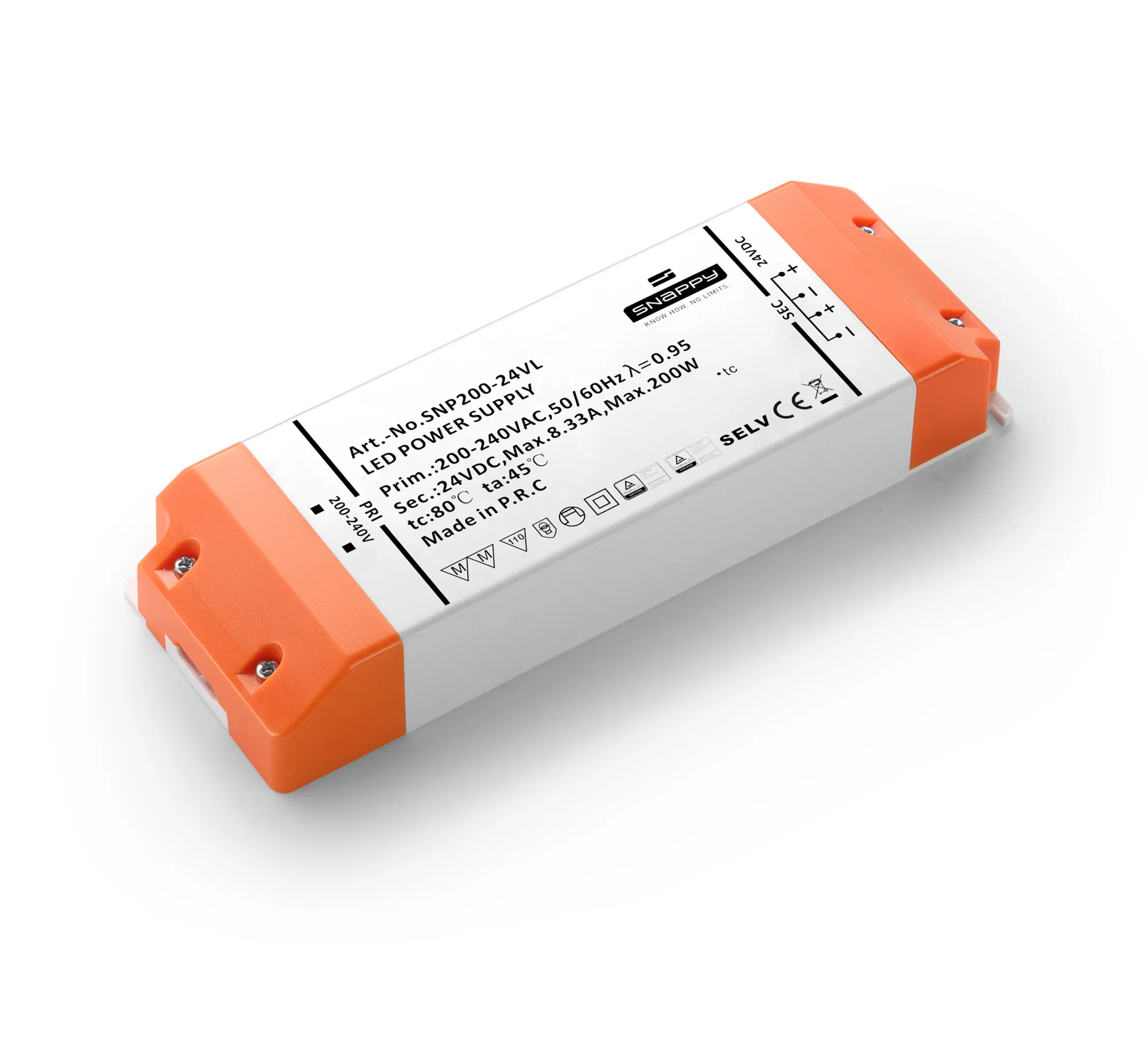 SNP, 200W Constant Voltage Non-Dimmable LED Driver 24VDC 8.33A IP20. SNP200-24VL  Snappy SNP